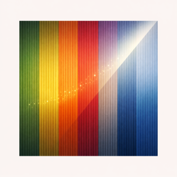 Abstraktes quadratisches Design mit vertikaler Tretford-Rippenstruktur in warmen und kühlen Farbtönen sowie diagonalem Lichtstrahl.